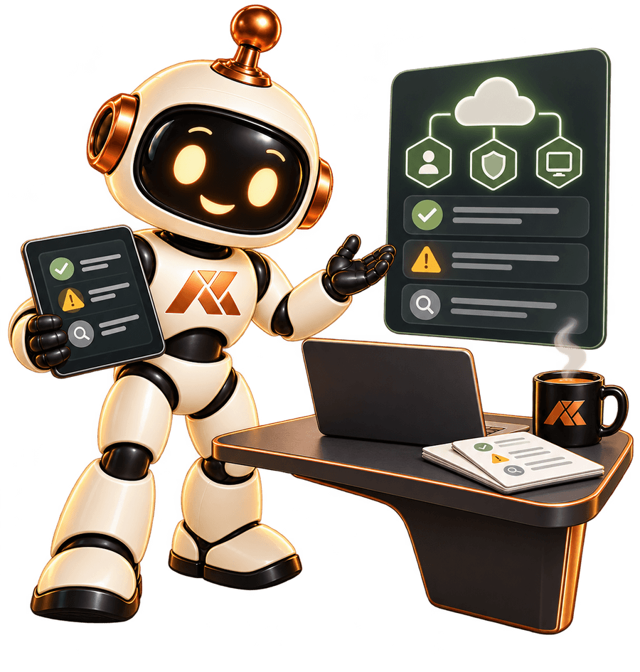 Atlas, the Andy Kemp Consulting robot, holding an audit checklist next to a tenant overview of identity, security and devices